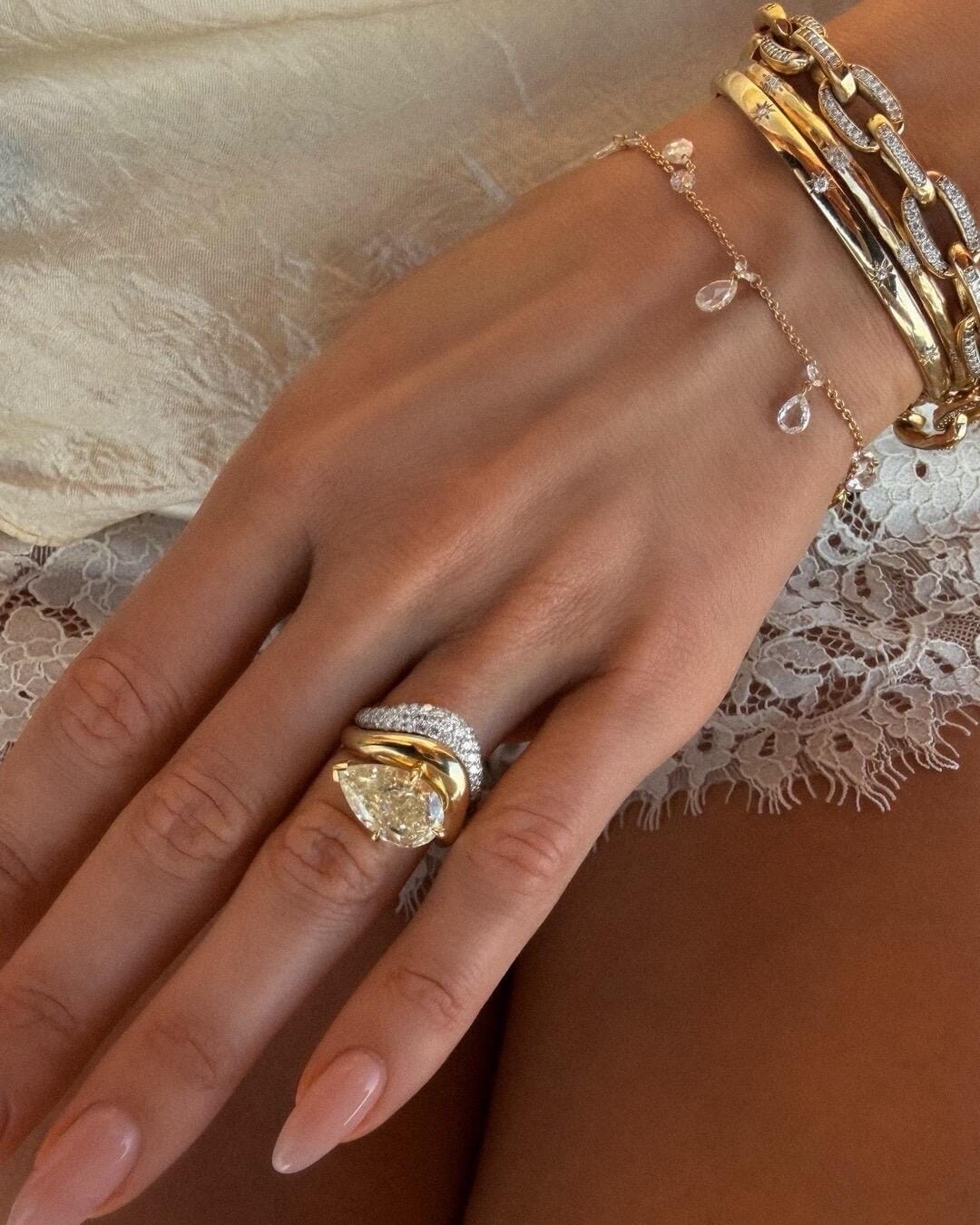 Calivienne Fancy Light Yellow Diamond Ring by La Forêt, featuring a pear cut diamond in a sculpted gold setting. - view 2