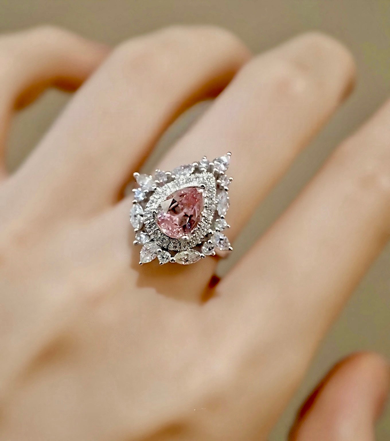 Arwena convertible pendant and ring with 1.5ct pink lab-grown pear diamond and marquise diamond halo in white gold – romantic versatile fine jewelry

