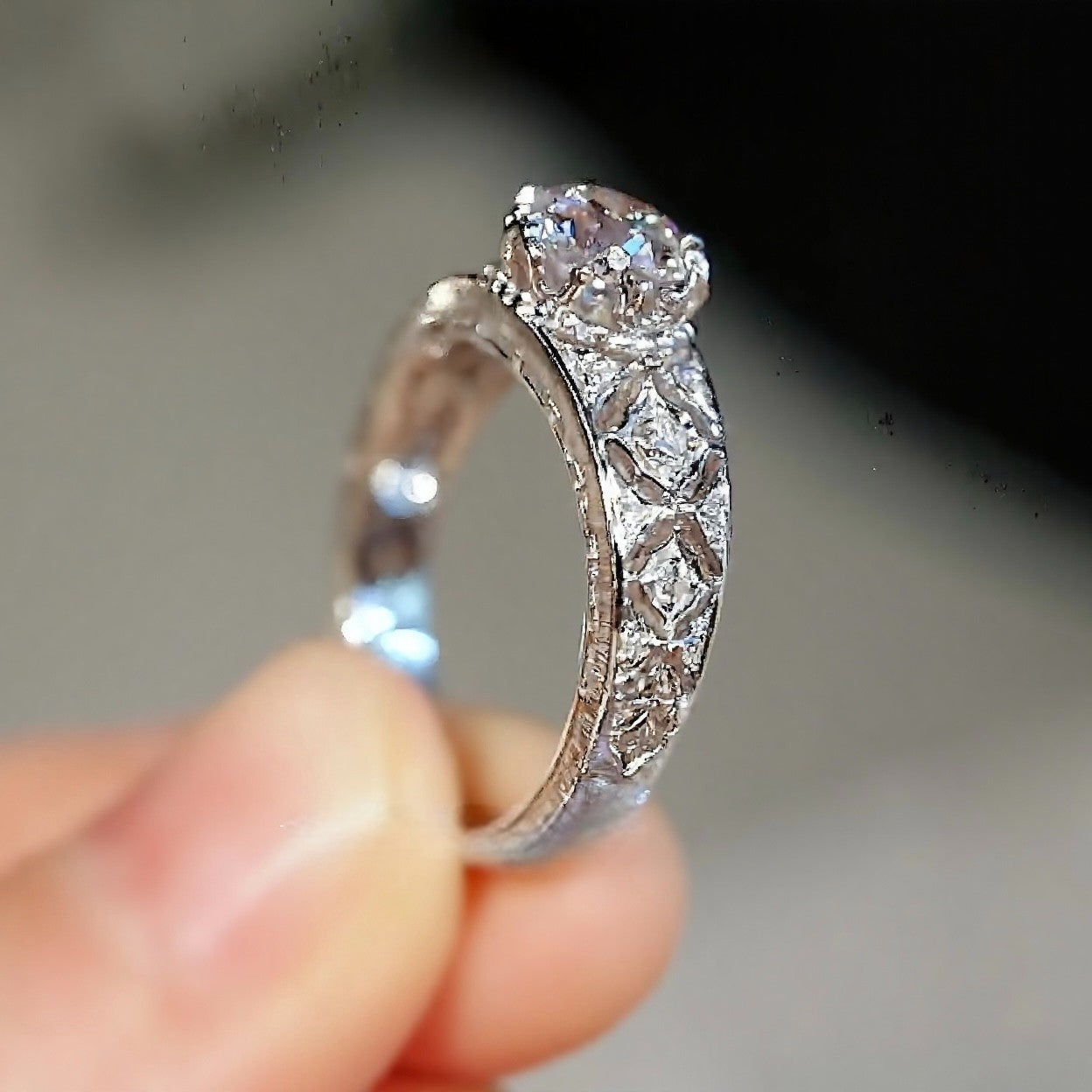 Aelira vintage-inspired rose cut diamond ring with floral engraved white gold band








