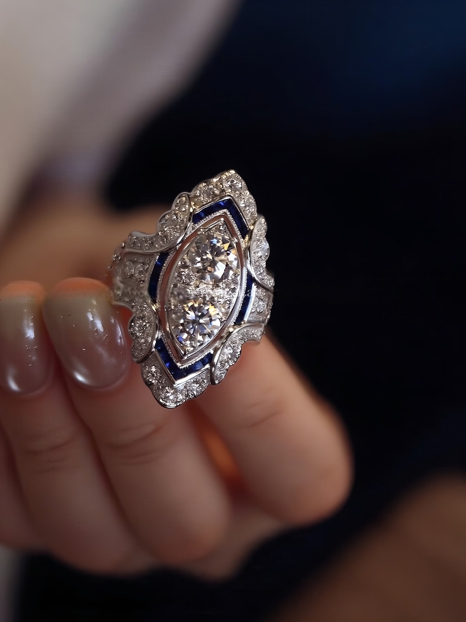 Zephyrella Art Deco lab diamond ring with sapphire inlay and scalloped pavé halo design