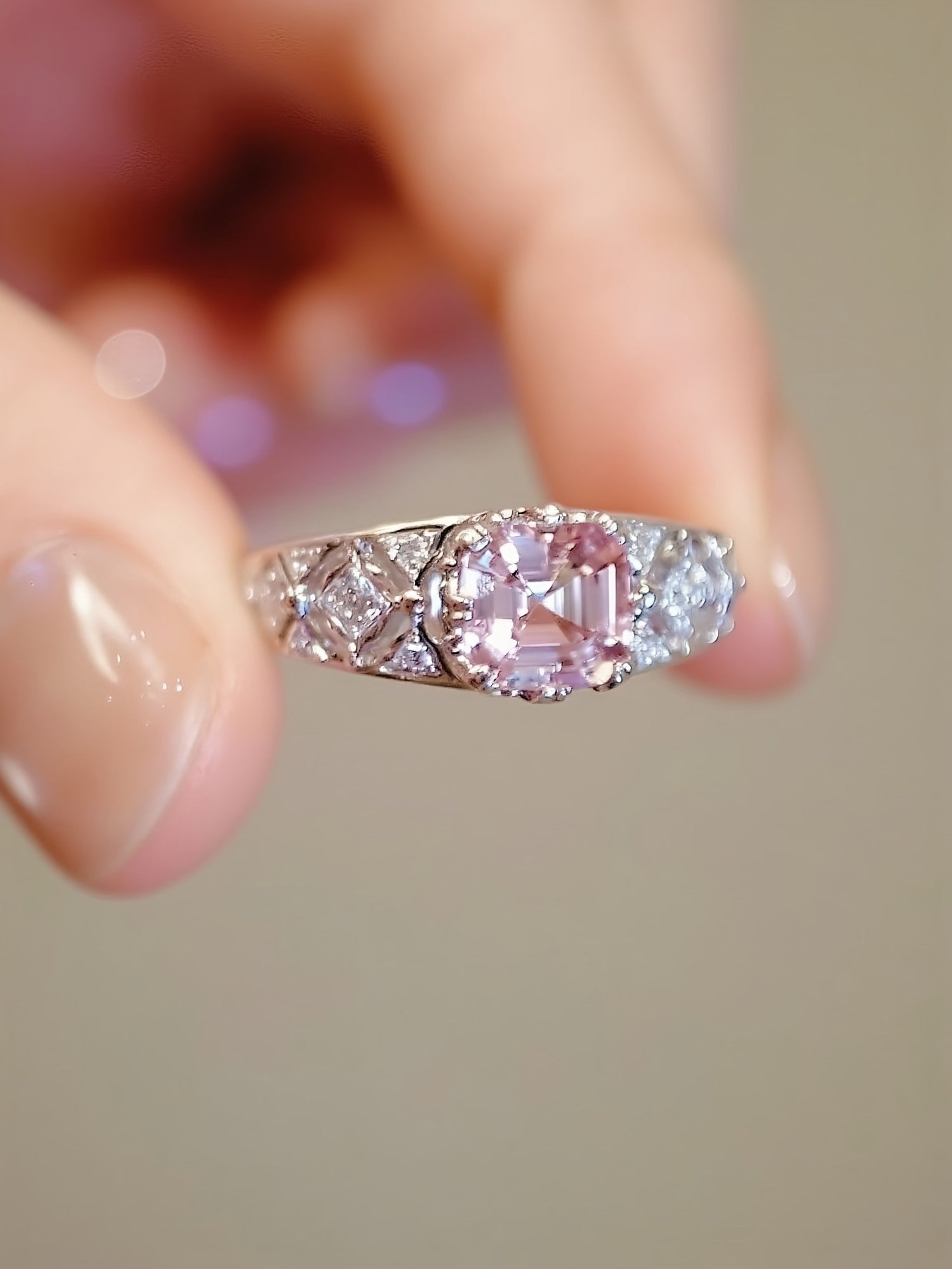 Clarisse ring with 1.5ct natural pink morganite and diamond-accented vintage band