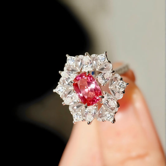Lab pink sapphire statement ring with diamonds
