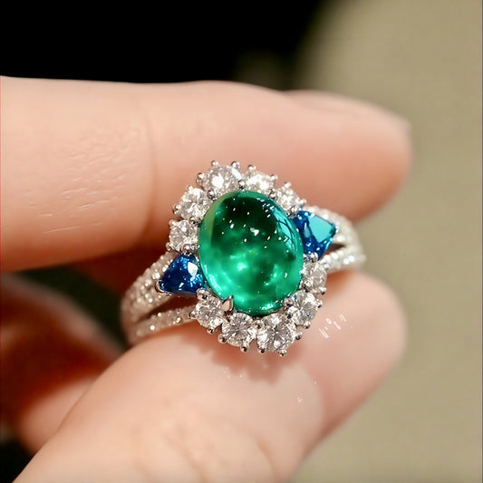Verde Bloom ring with 8x10mm lab emerald and diamond halo
