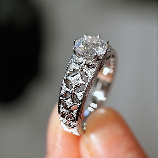 1ct lab diamond ring with floral filigree and white gold setting








