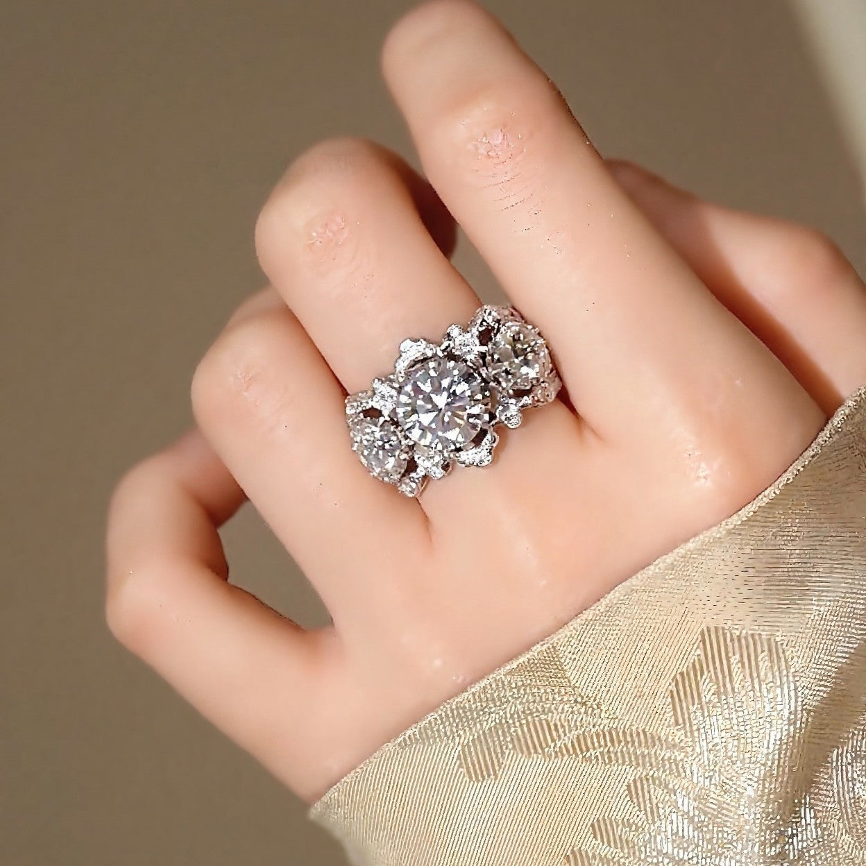 Myrienne ring with 3ct lab-grown diamond, floral halo and side diamonds in white gold – luxurious statement engagement ring

