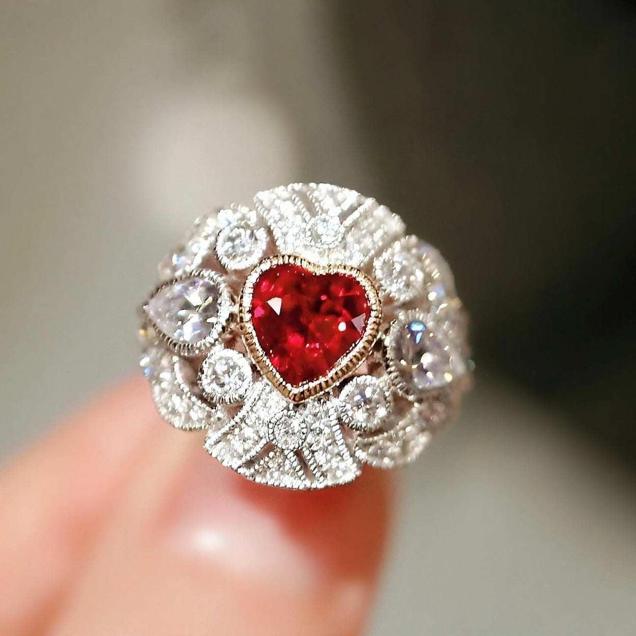 Valentisse heart-shaped lab ruby ring with vintage diamond detailing








