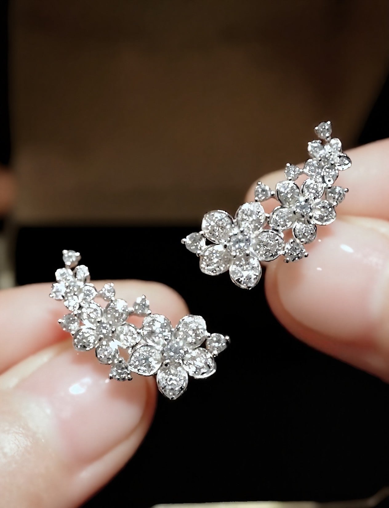 Elowynn floral climber earrings with lab-grown diamonds in white gold – botanical-inspired bridal and formal earrings

