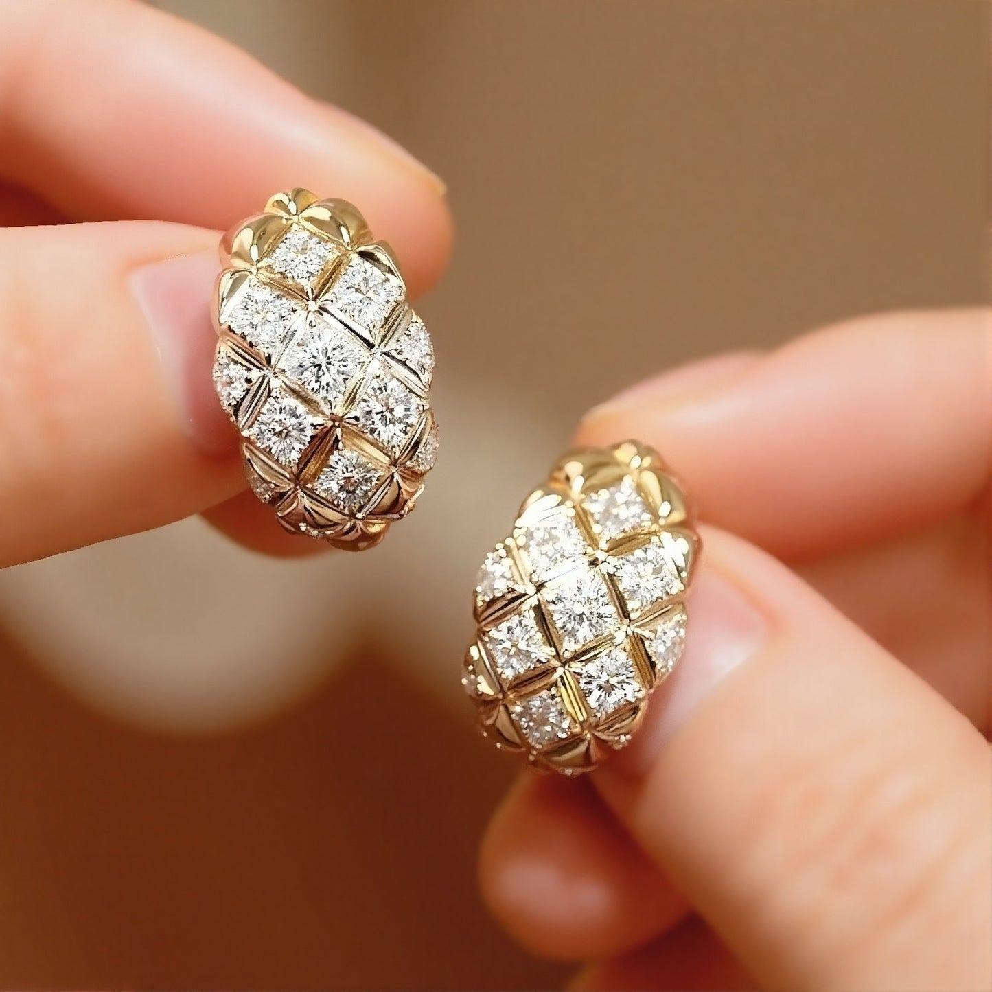 Valmira quilted gold earrings with pavé-set lab diamonds in yellow gold








