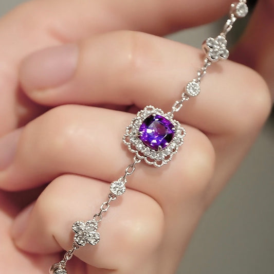 Delicate lab-grown purple sapphire bracelet with floral accents
