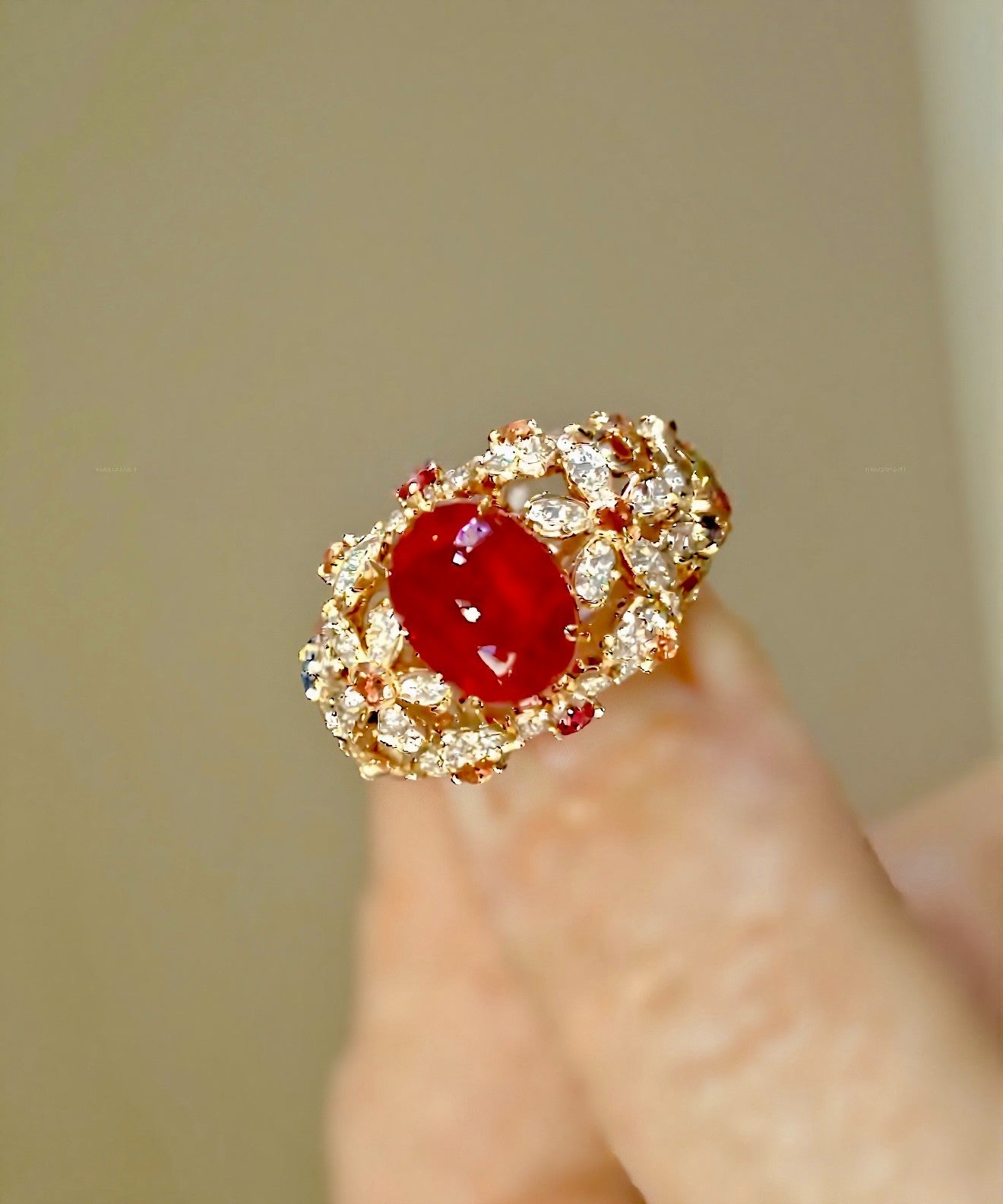 Velanya 2ct lab-grown ruby cocktail ring with gold floral setting and diamond accents