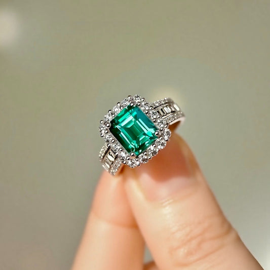 Aralyn ring with 2ct lab emerald and lab diamond halo on split shank band








