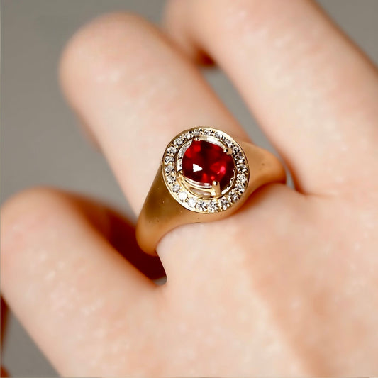 Solenne lab ruby signet ring with 0.5ct square cushion ruby in polished gold setting








