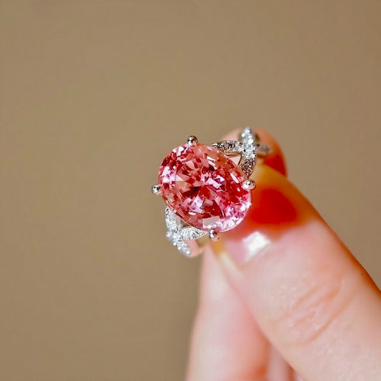 Sorelle 10ct oval lab padparadscha sapphire ring with floral diamond halo in white gold








