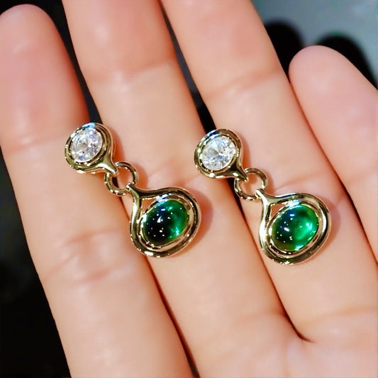 4cttw cabochon lab emerald and diamond drop earrings in gold-tone bezel setting
