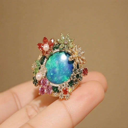 Botanical opal ring with multicolor sapphires and pearls

