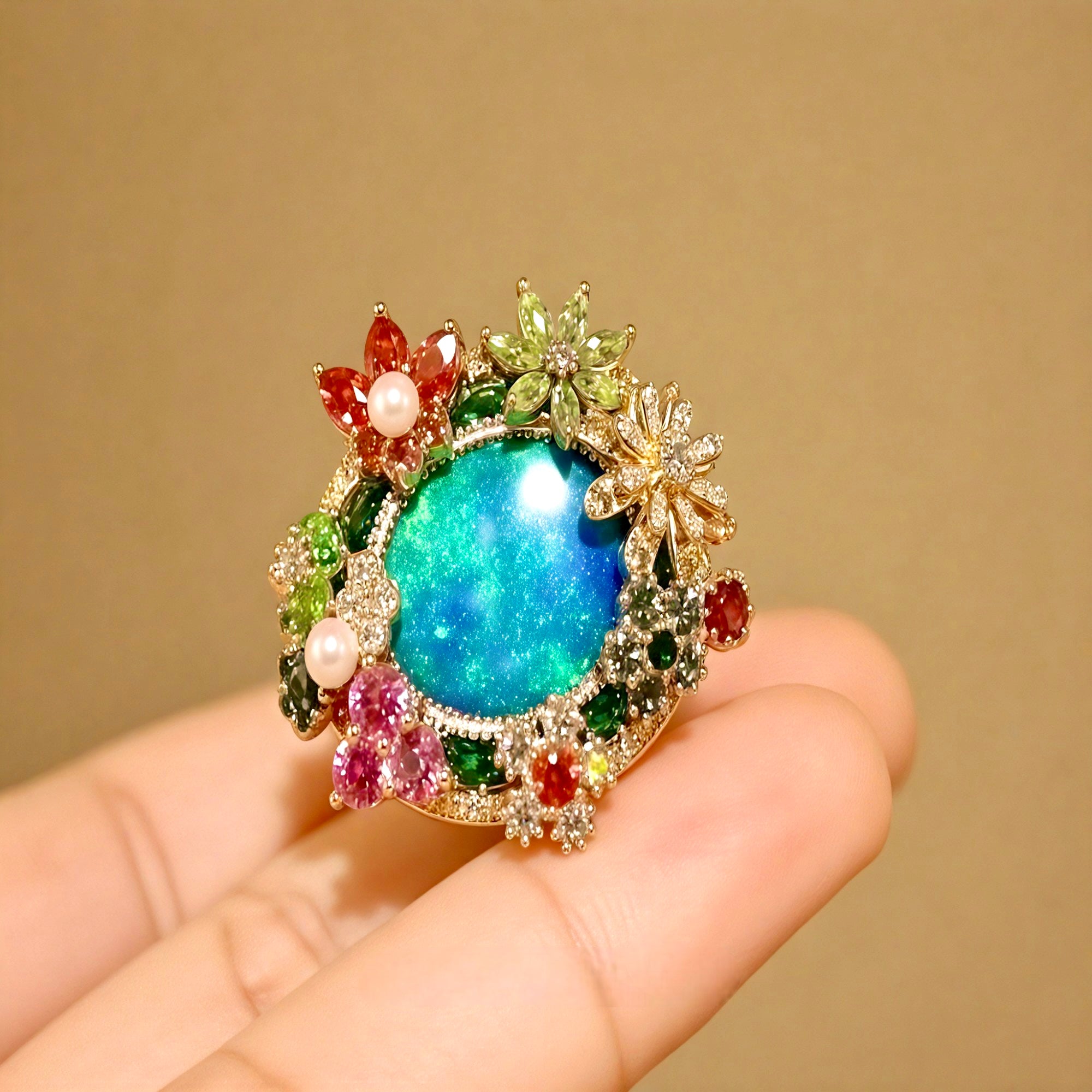 Botanical opal ring with multicolor sapphires and pearls
