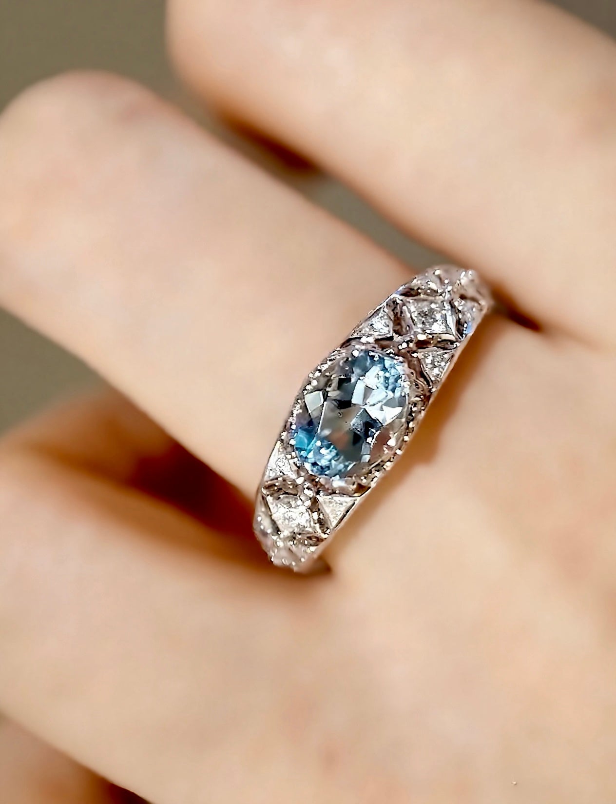 Serenya ring with 1ct lab-grown aquamarine and geometric diamond band








