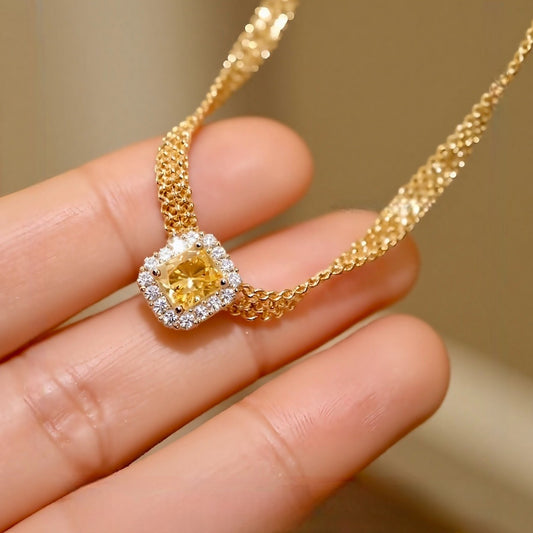 Miren yellow lab diamond gold necklace with radiant-cut center and diamond halo
