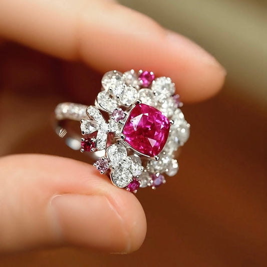 2.5ct lab pink sapphire floral cocktail ring with diamond accents in 14k white gold








