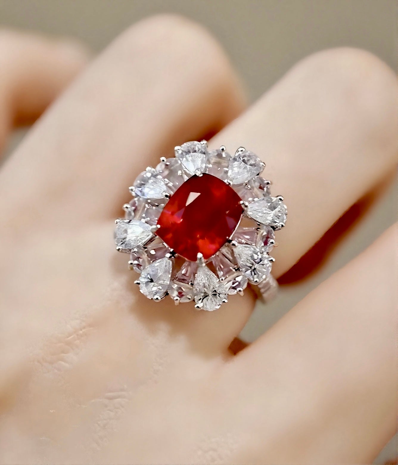 Selvianne ring with 2.5ct lab-grown pigeon blood ruby and petal halo of marquise and pear-shaped diamonds in white gold – floral fine jewelry statement ring

