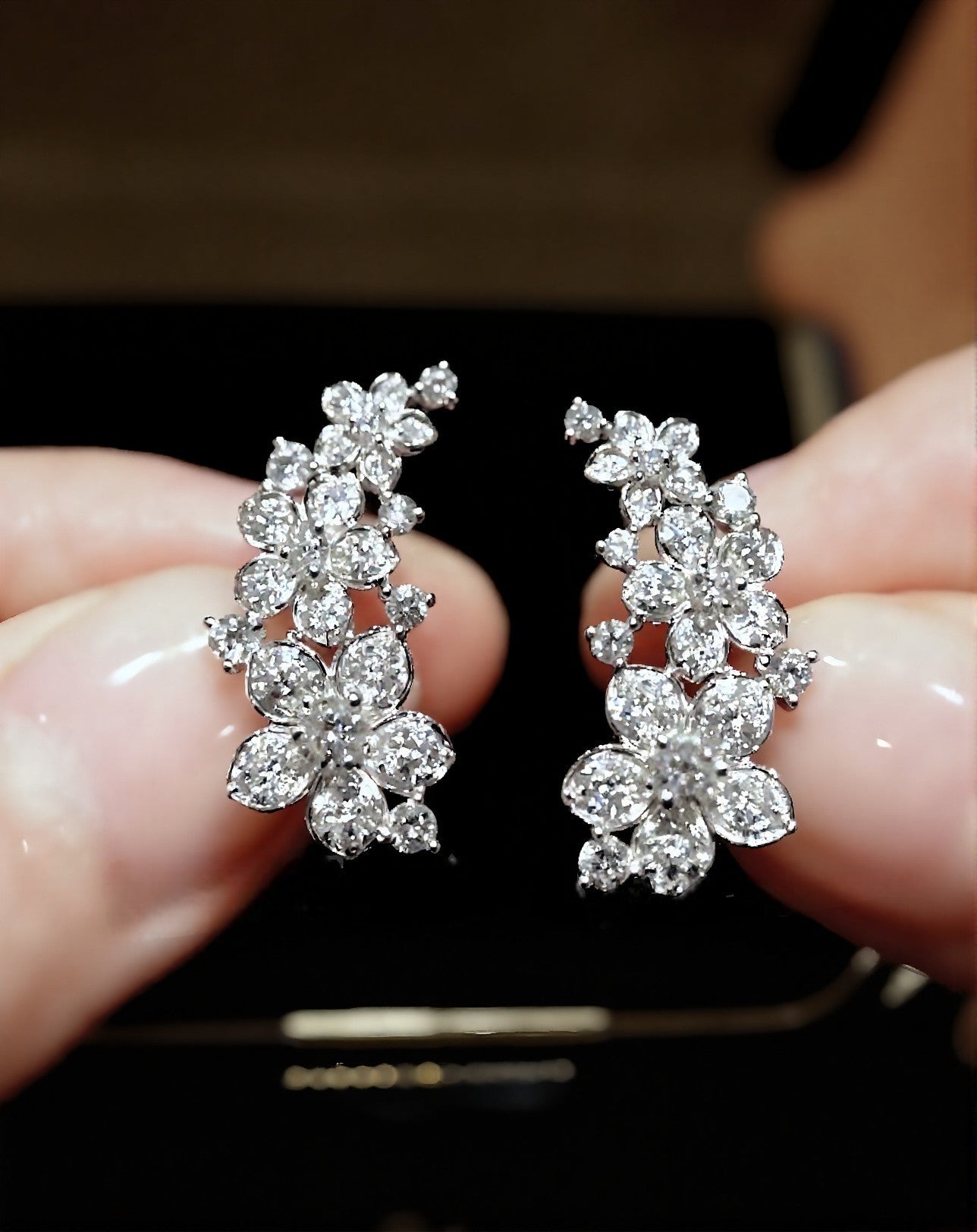 Elowynn floral climber earrings with lab-grown diamonds in white gold – botanical-inspired bridal and formal earrings

