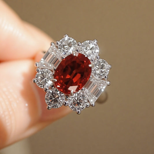 Lab ruby halo ring with round and baguette lab diamonds

