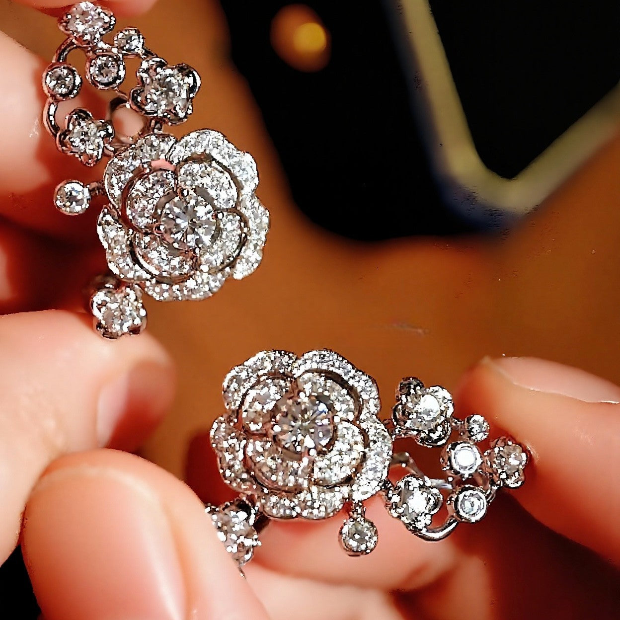 Lelara floral earrings with lab-grown diamonds and dangling accents in white gold – elegant drop earrings for weddings or special events

