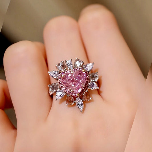 Saphira ring with 3ct pink heart-shaped lab diamond and white diamond floral halo








