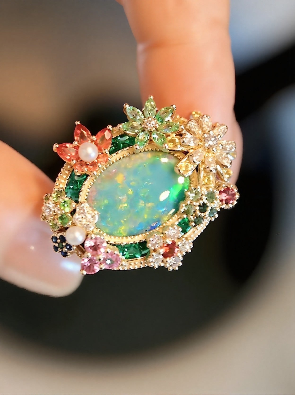 Colorful floral ring with doublet opal, diamonds, and multicolored gemstones – Floravelle








