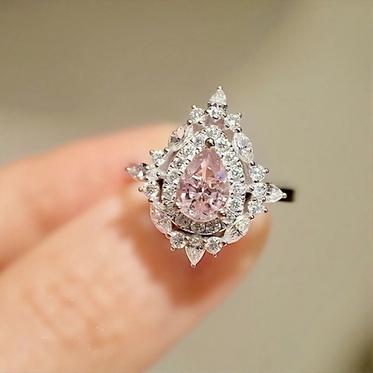 Rosalie halo ring with pink lab diamond and floral diamond halo
