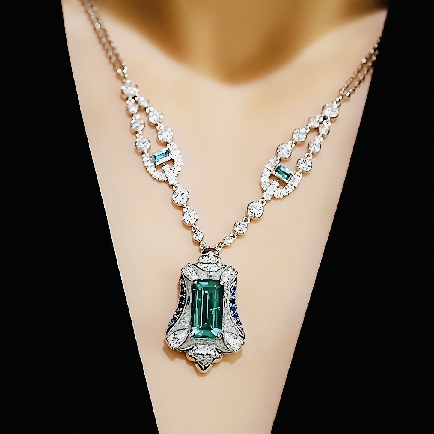 Art Deco necklace with 3ct lab emerald and diamonds

