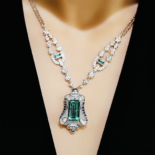 Art Deco necklace with 3ct lab emerald and diamonds


