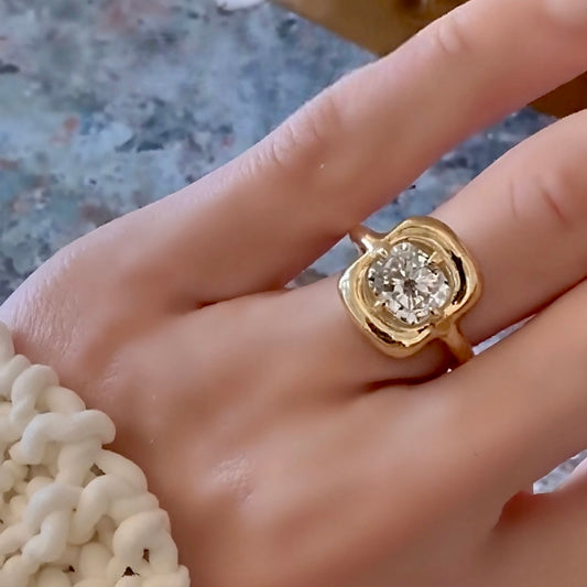 Lunelle ring with 1.5ct lab diamond in yellow gold sculptural bezel setting
