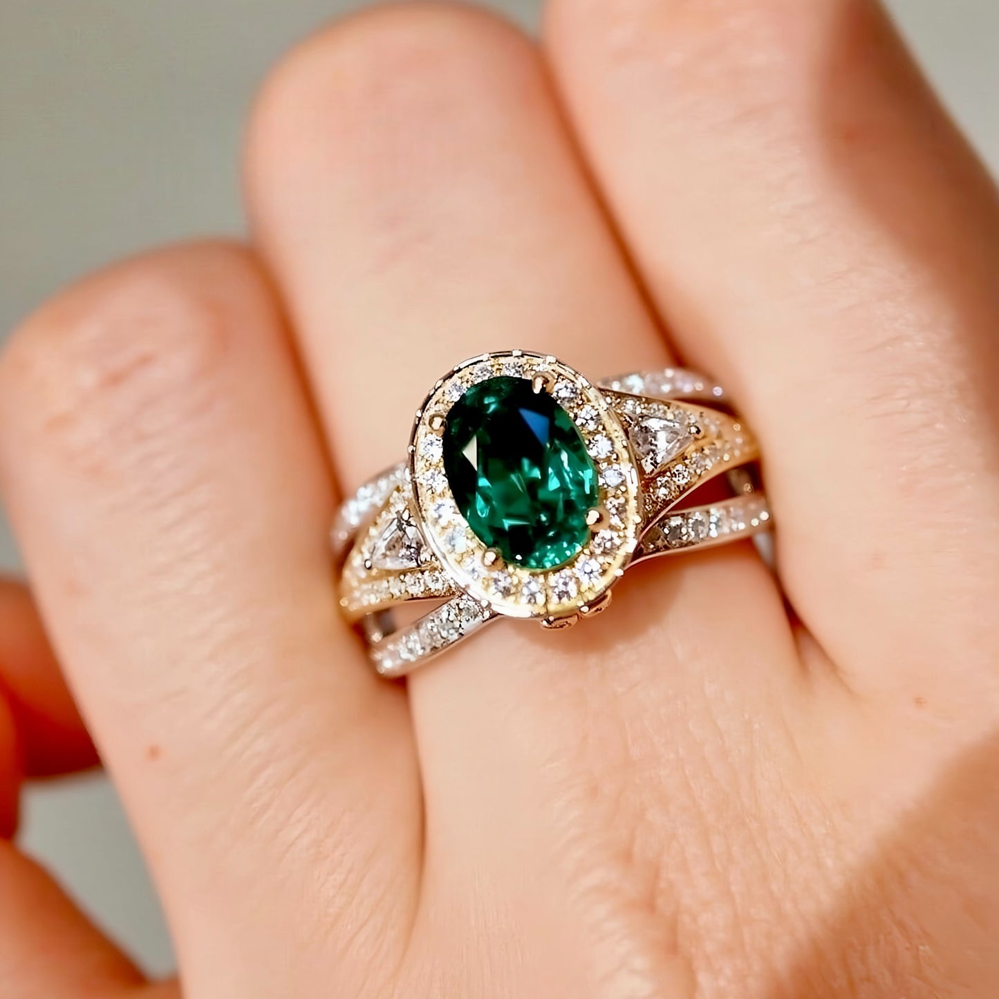 Esmera 2ct oval lab emerald three-piece ring set with pavé diamond accents and mixed gold bands








