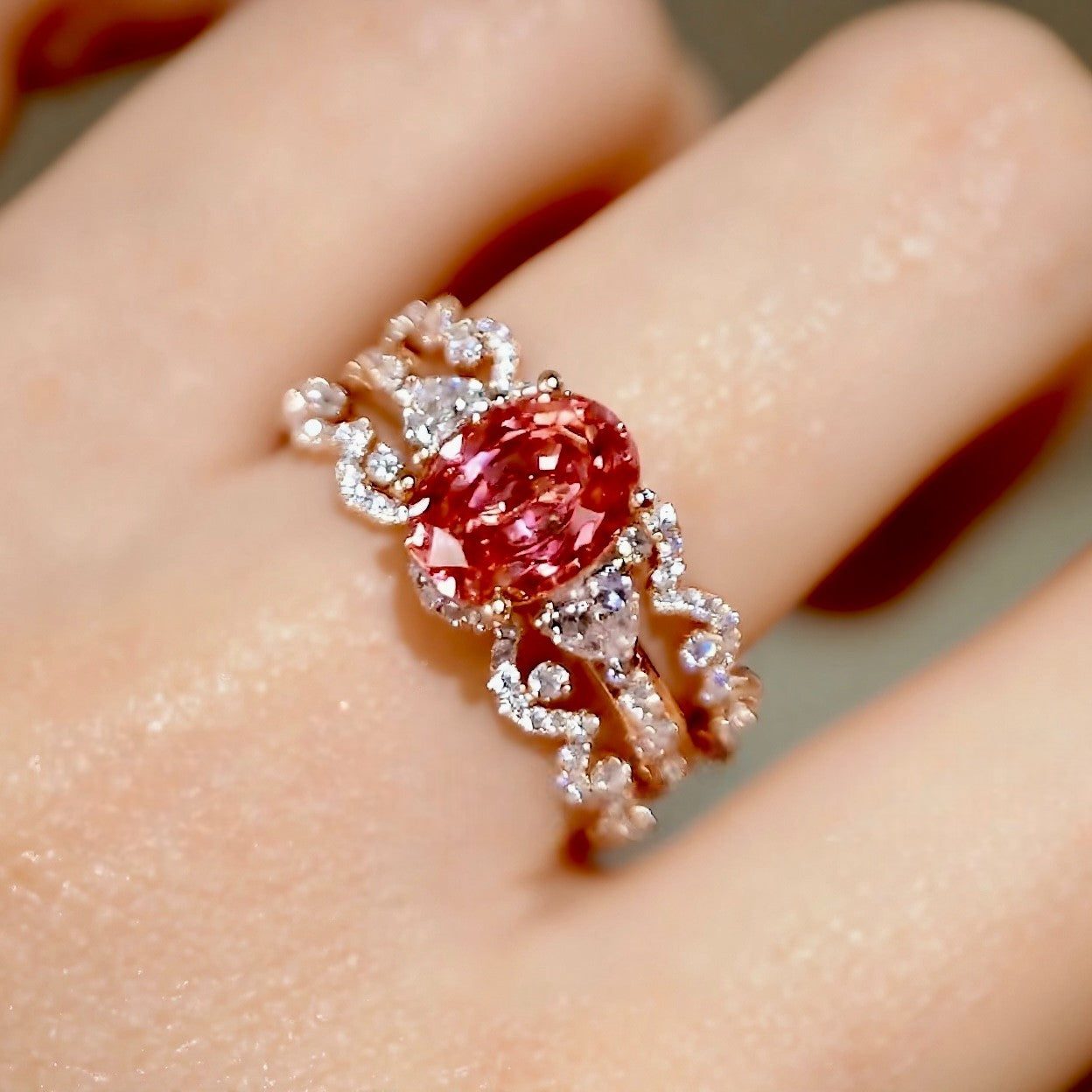 Meliora ring set with 1ct padparadscha sapphire and floral three-piece band design








