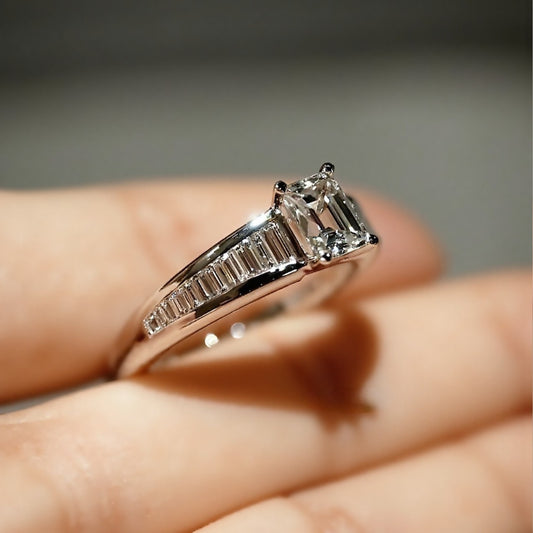 Zarelle emerald-cut 1ct lab diamond ring with baguette accents in white gold








