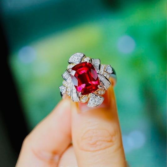 Cassiora 4ct lab-grown ruby ring with radiant diamond starburst setting








