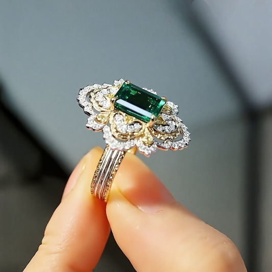 Ornate emerald ring with floral diamond halo and triple gold band