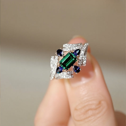 Eirisse lab emerald ring with sapphires and diamonds in white gold setting








