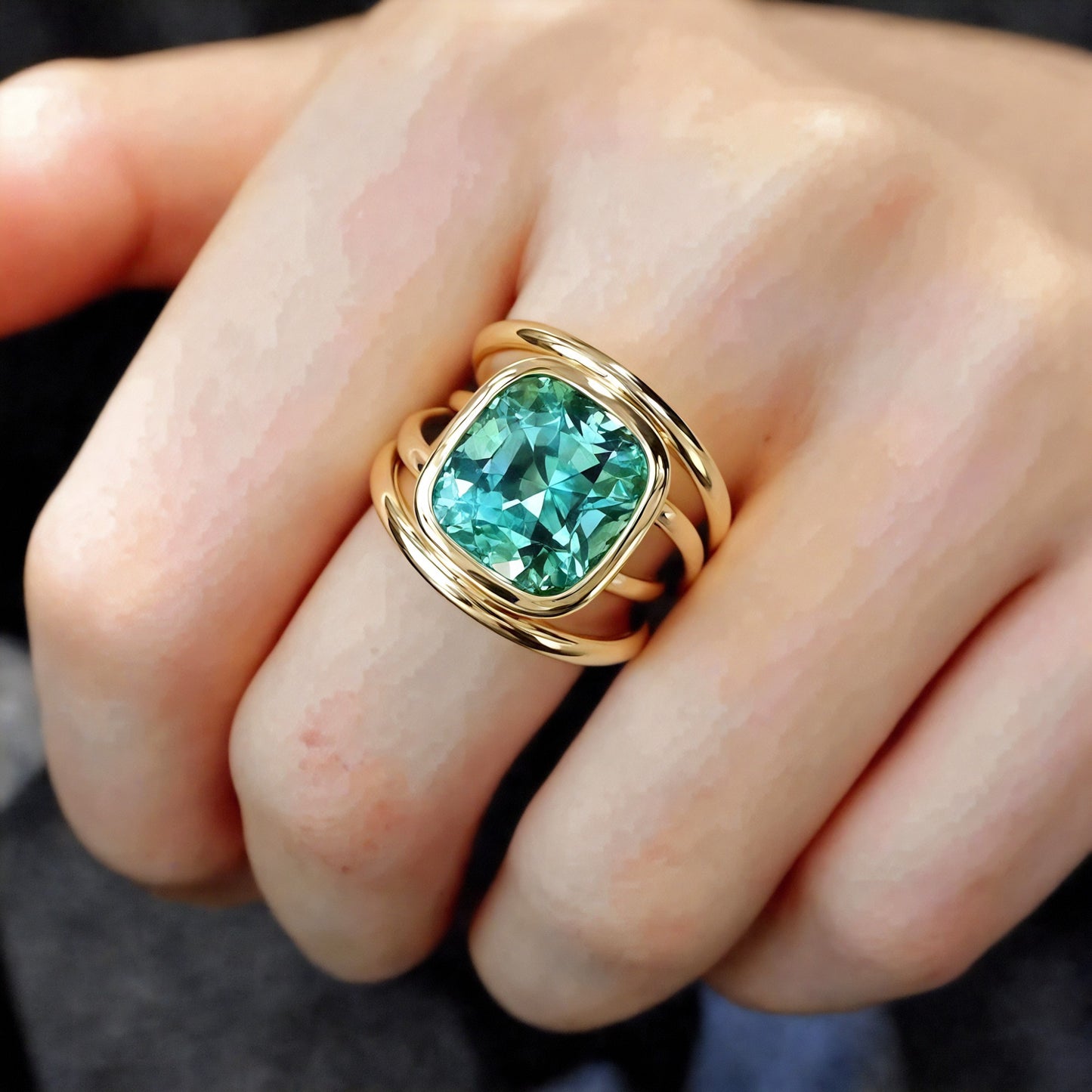 Modern gold ring with cushion-cut teal tourmaline

