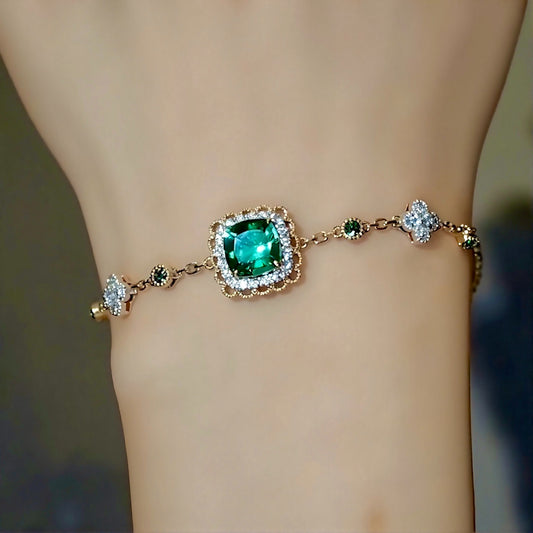 Lab emerald halo bracelet with diamonds in vintage style
