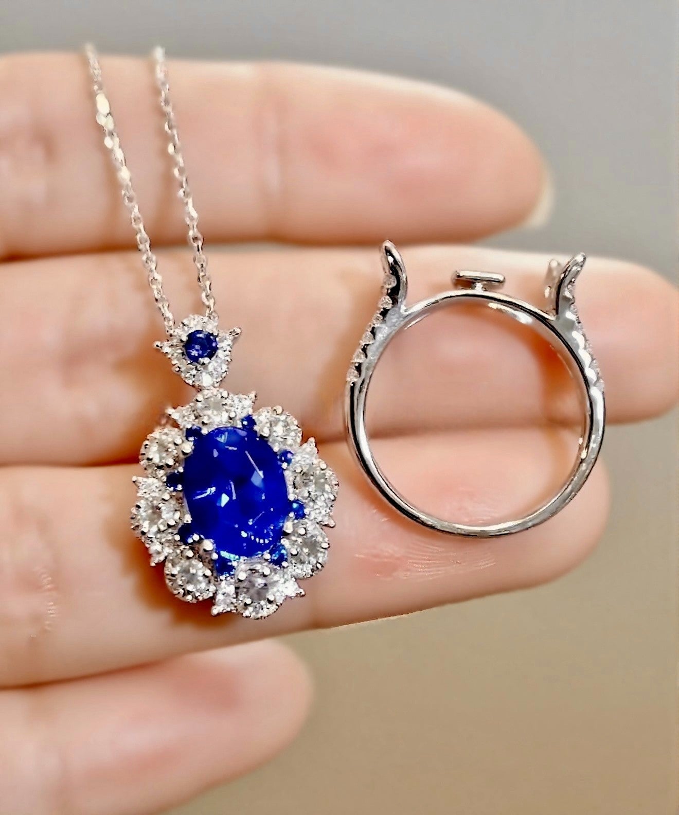 Azmara Convertible Ring & Pendant – Cornflower Sapphire with Rose-Cut Diamond Halo