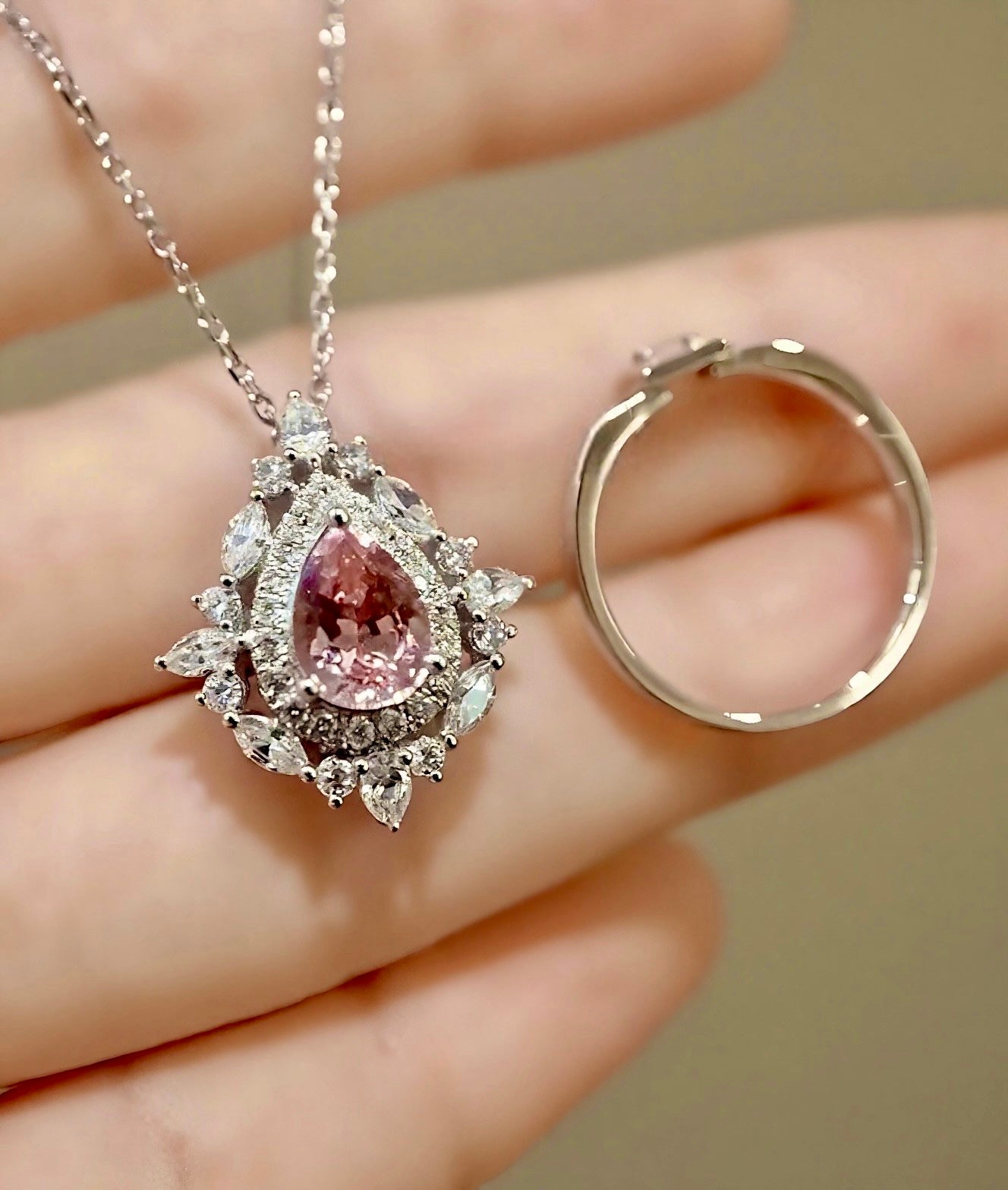 Arwena convertible pendant and ring with 1.5ct pink lab-grown pear diamond and marquise diamond halo in white gold – romantic versatile fine jewelry


