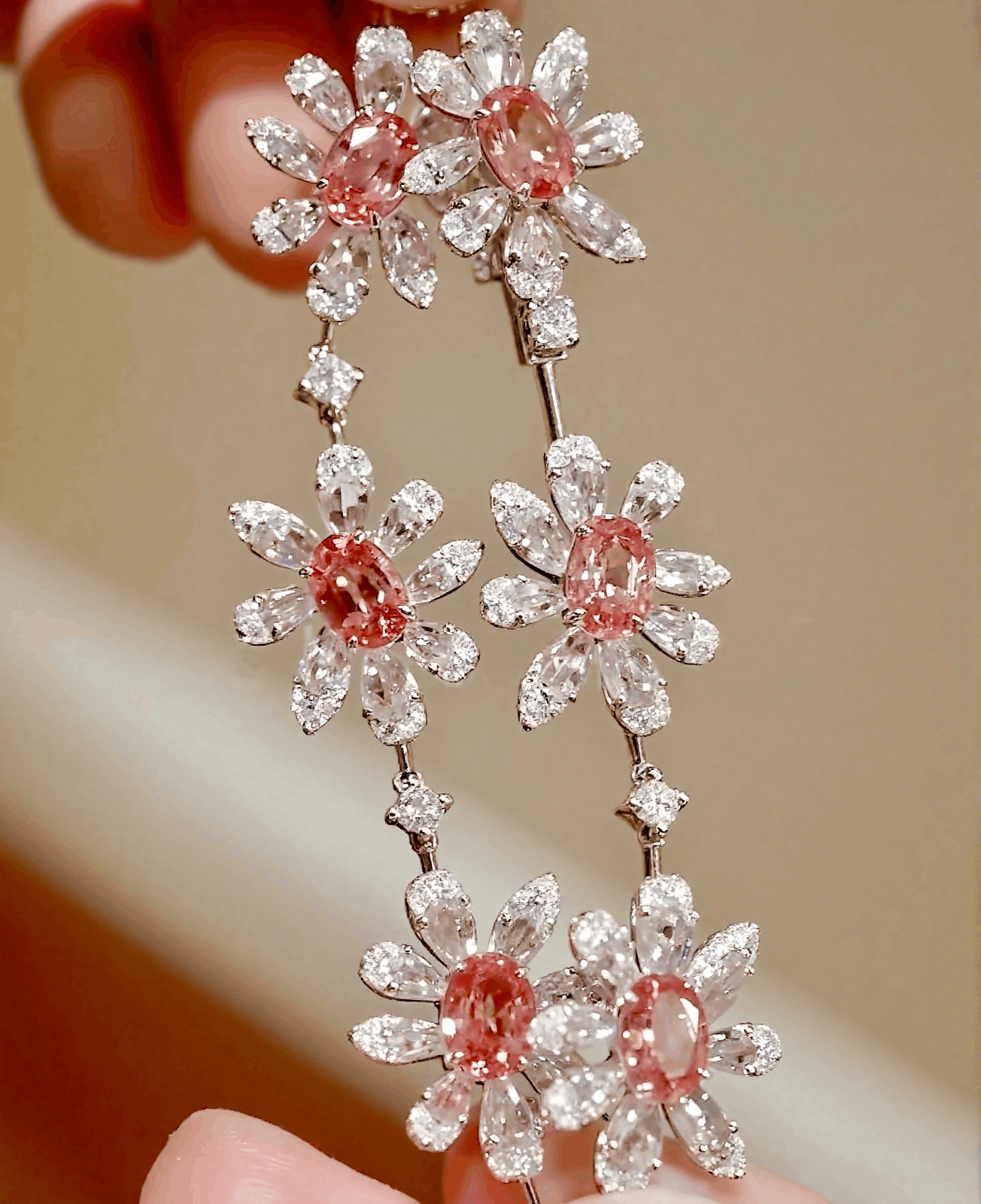 Ysara bracelet with lab-grown padparadscha sapphires and marquise diamond daisy petals in white gold – elegant floral fine jewelry

