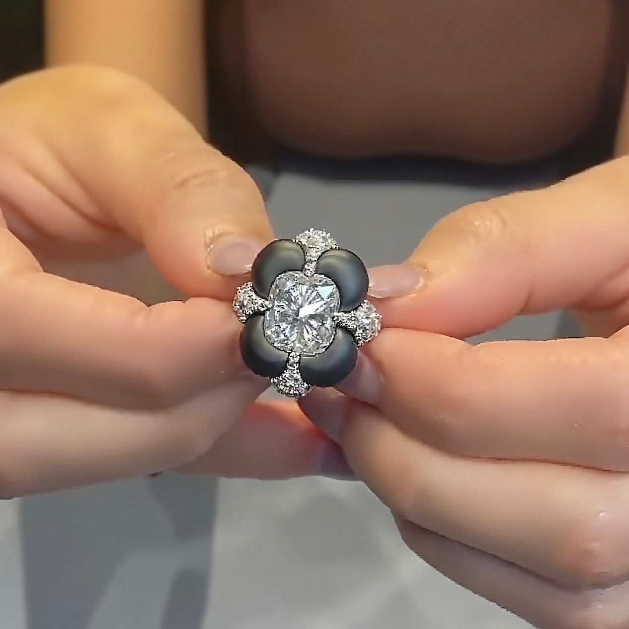 Zarielle ring featuring an inverted 3ct radiant lab-grown diamond with black onyx petals and diamond pavé halo – bold modern fine jewelry