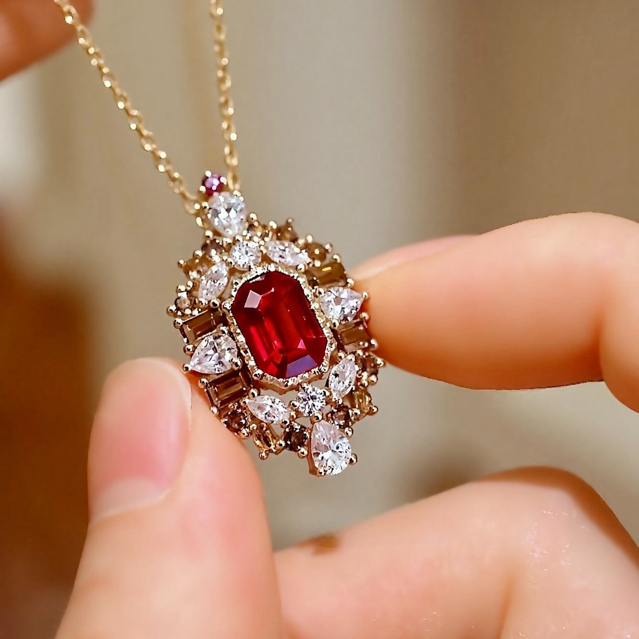 Vintage-inspired lab ruby and diamond pendant necklace in solid gold








