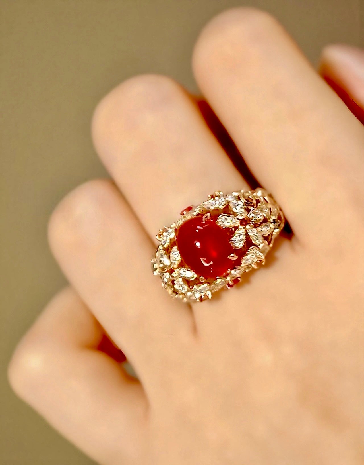 Velanya 2ct lab-grown ruby cocktail ring with gold floral setting and diamond accents