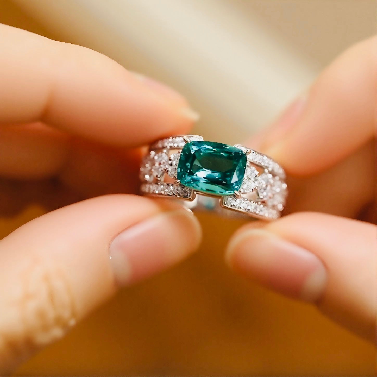 Bold lab-grown emerald ring with cushion-cut 2ct stone and pavé diamond split band








