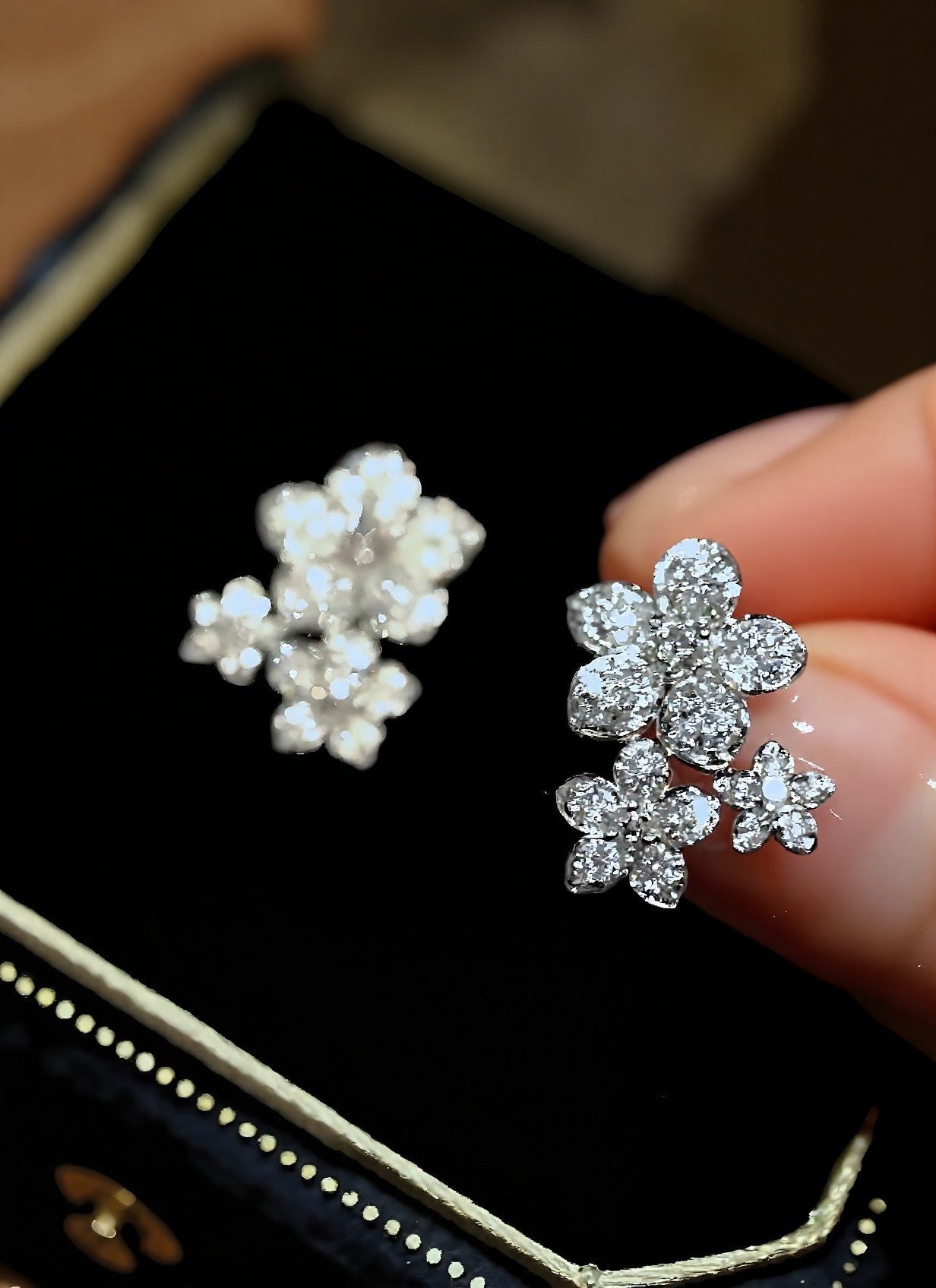 Faylenne earrings with triple floral clusters of lab-grown diamonds in white gold – elegant botanical-inspired stud earrings
