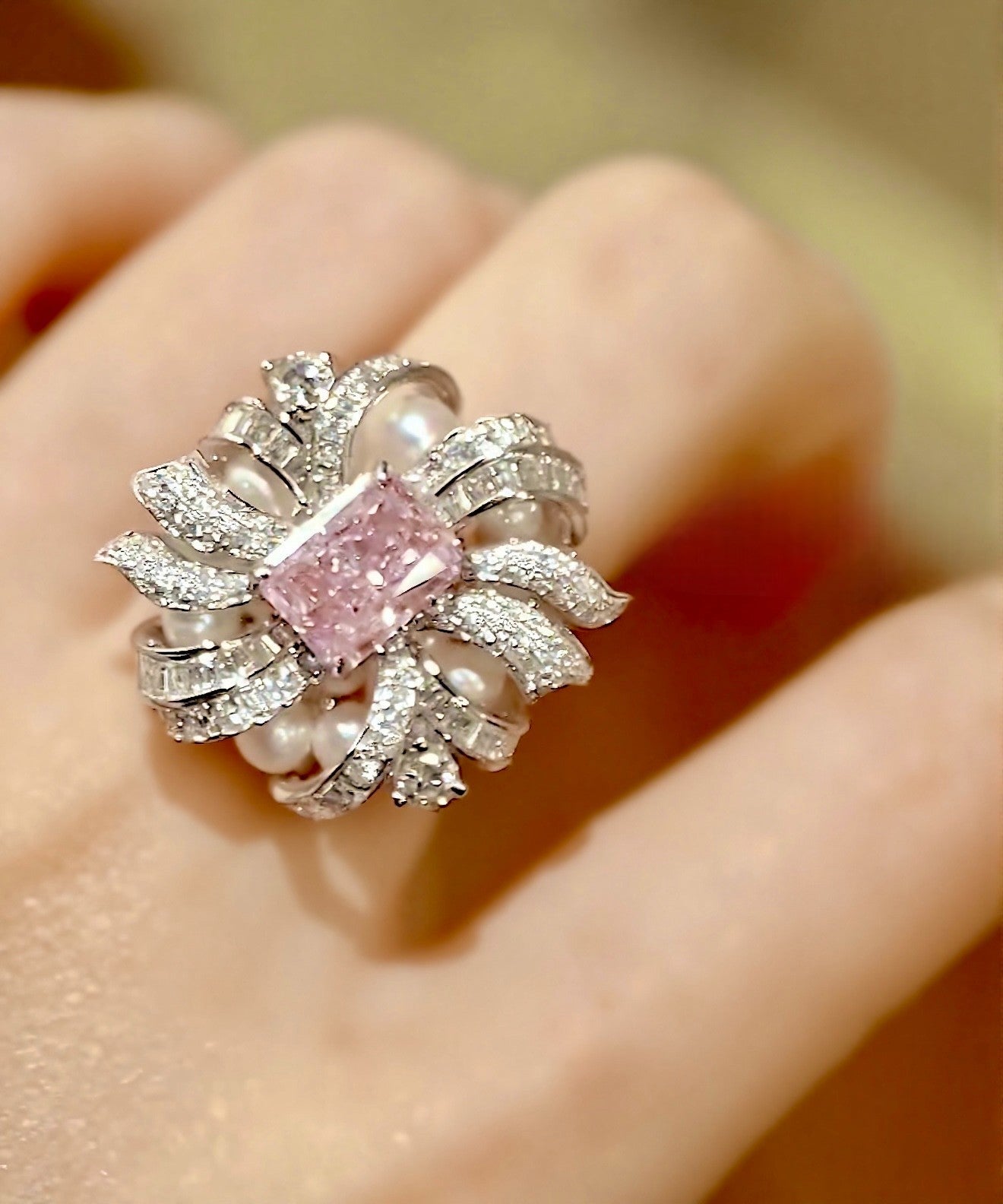 Seraphielle convertible ring pendant featuring 2ct pink lab diamond, pearls, and diamond accents









